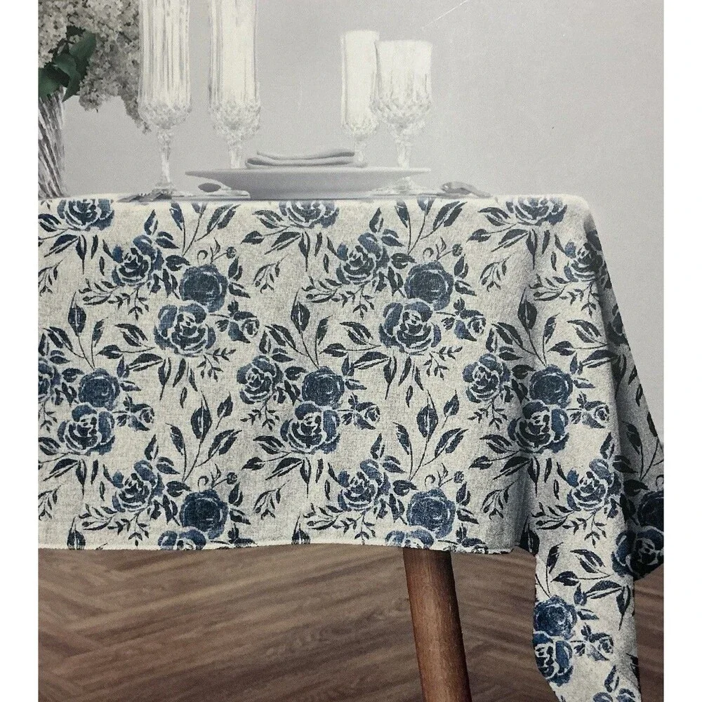 Badgley Mischka Fabric Tablecloth 60 X 84 Blue Floral Oblong Indoor Outdoor